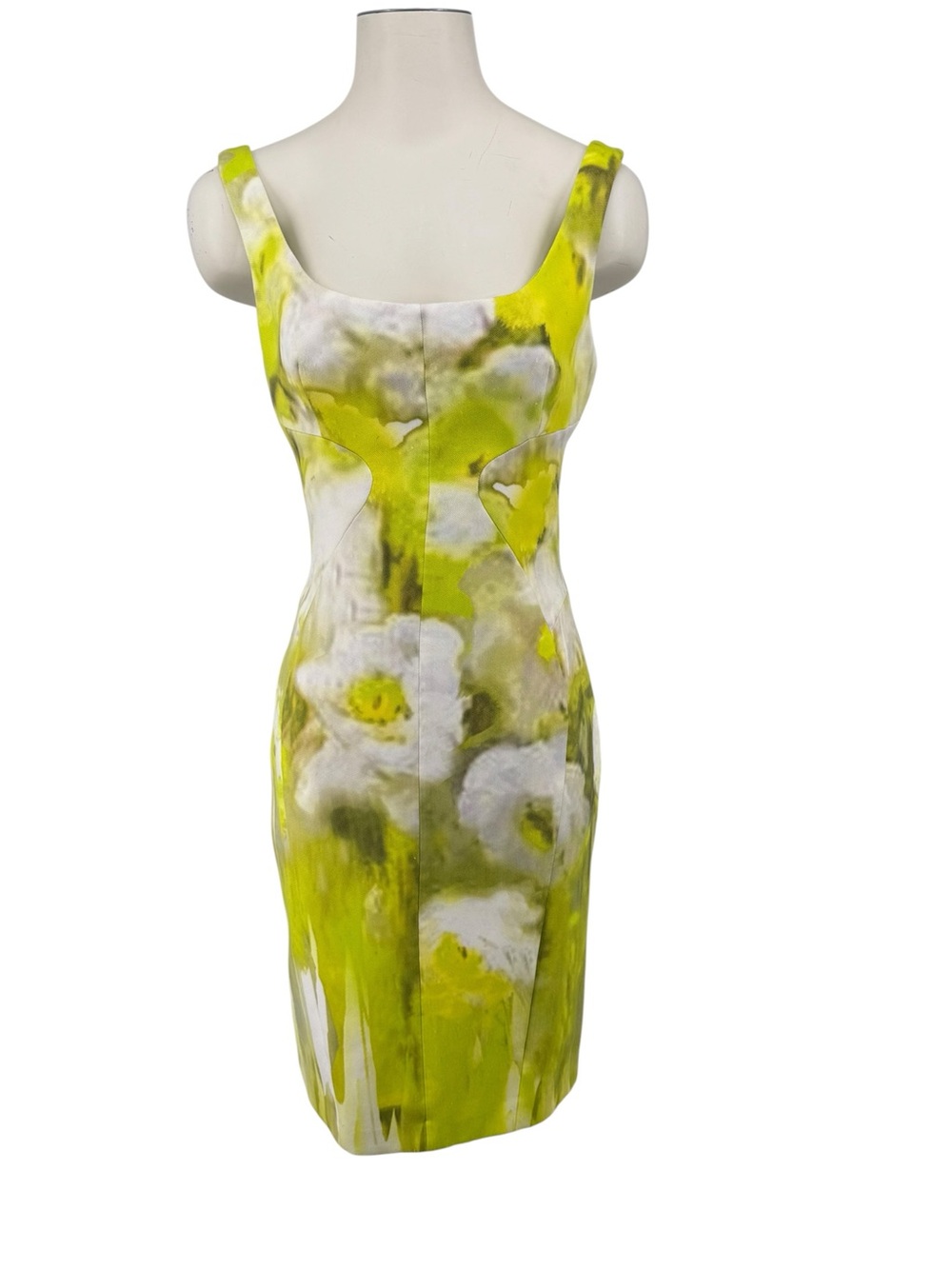 Monique Lhuillier Yellow and White Floral Midi Sheath Dress